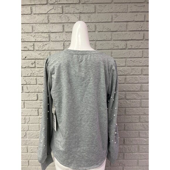 Skonhet Women Gray Faux Pearl Long Sleeve Tie Front Top Size M - Picture 2 of 8